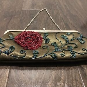Olive green with rose embroidered clutch